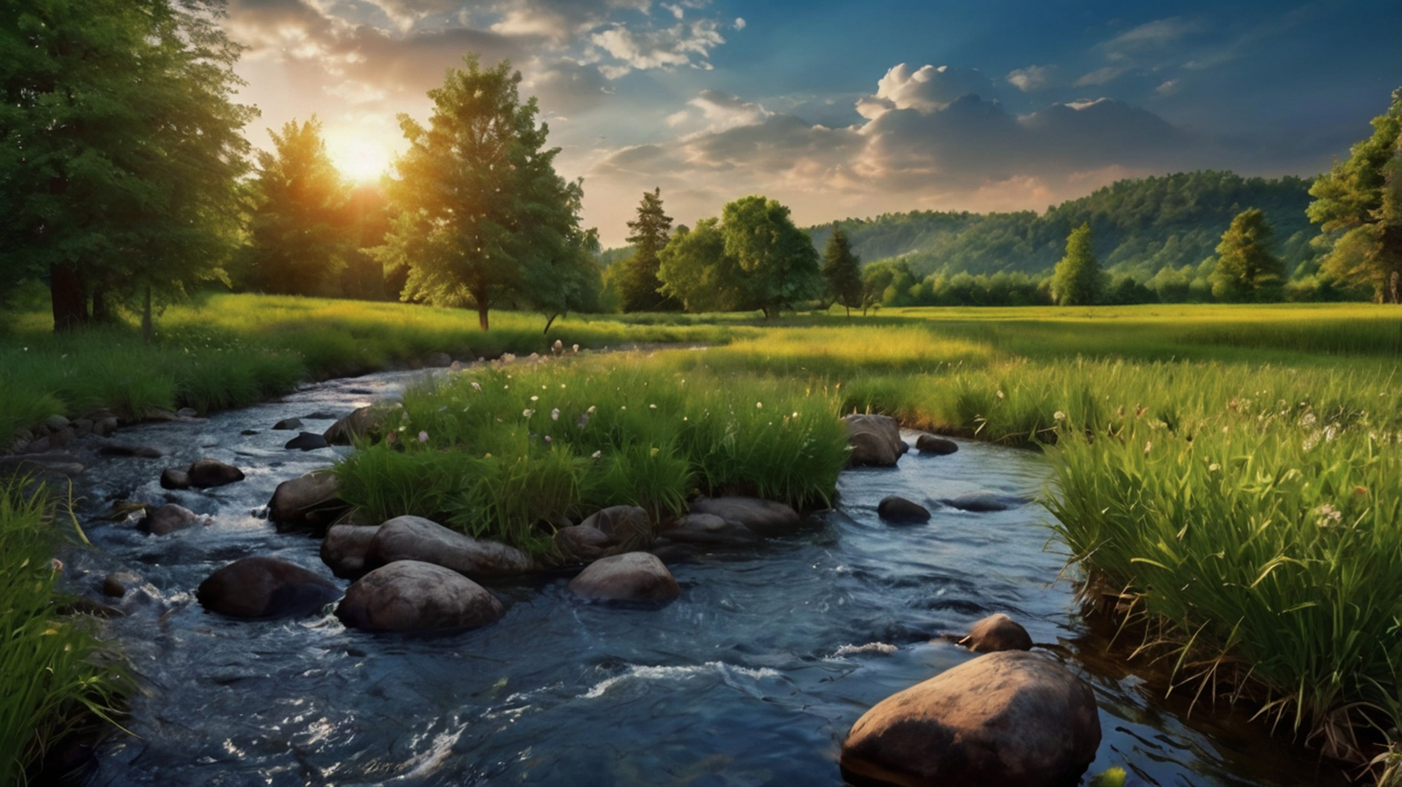 Peaceful stream flowing through a meadow representing estate liquidity planning and long-term wealth preservation